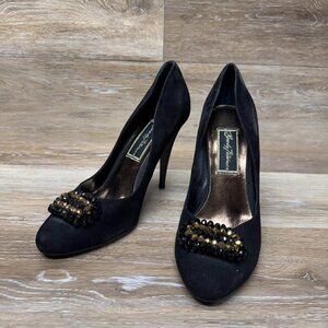 Beverly Feldman Black Suede Jeweled Accent Stiletto Pumps Women's Size 8.5